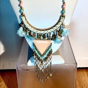 Pink and Blue Multi Beaded Tassel Pendant Necklace
